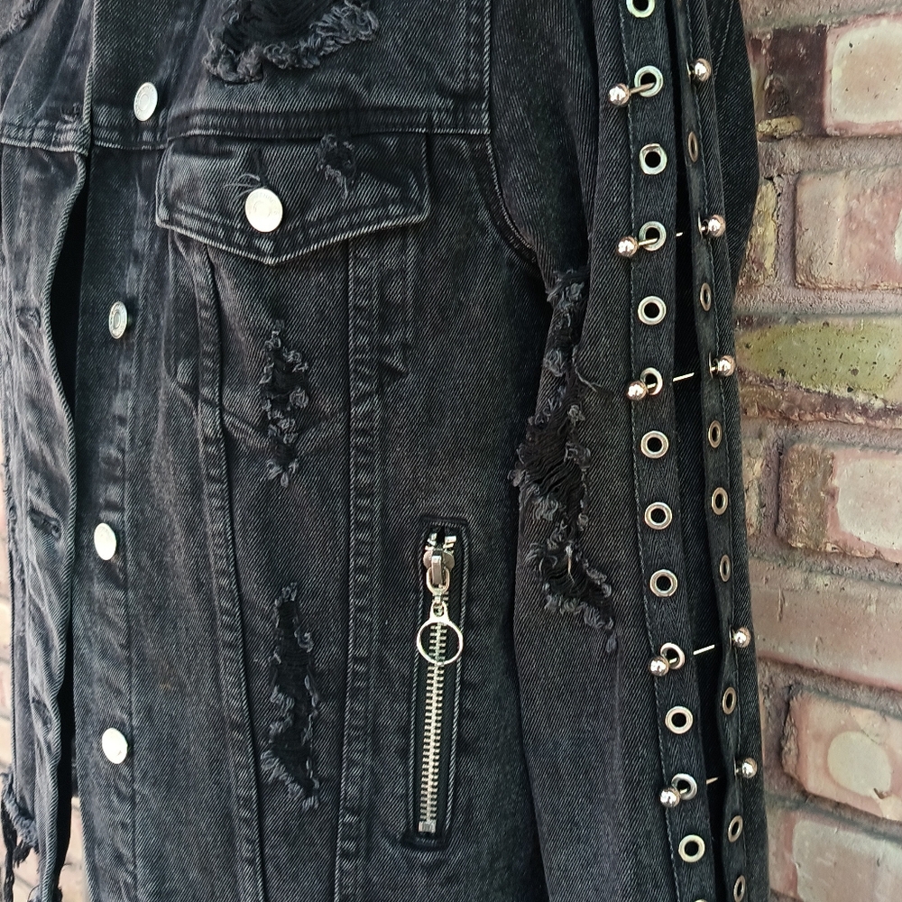 Signature8 Distressed Black Denim Jacket Silver Barbell Posts Jean 41" Chest - Picture 3 of 12